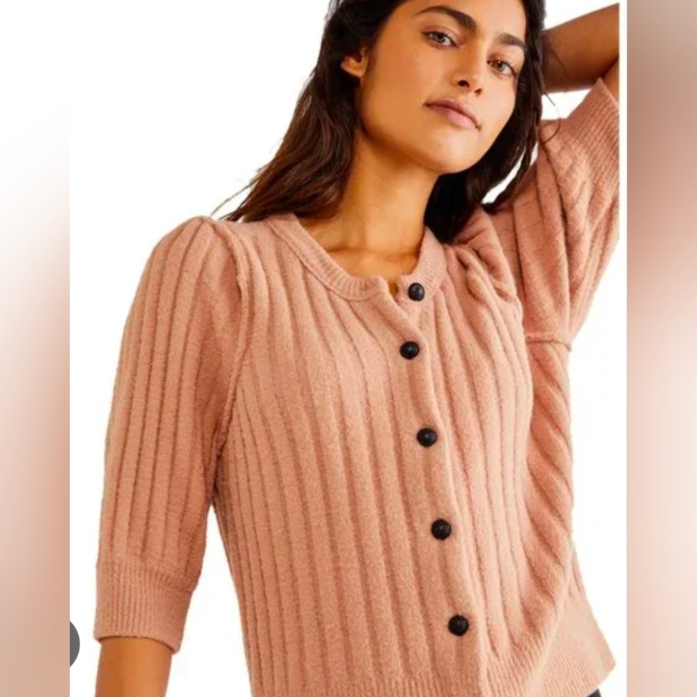 Free People Blush Pink Ribbed Button-Front Cardigan
